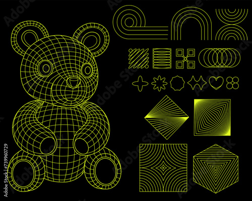 Acid Sticker Pack. Y2k grid wireframe neon bear with geometry shapes.  Y2k retro futuristic aesthetic. Brutalist shapes for swiss minimal style design