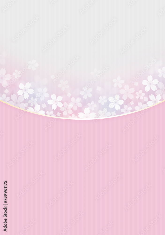 和紙質感の桜の花の和風の背景、縦位置、ピンク