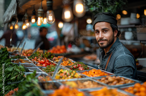 Handsome man working in an open air market with plates full of food. Food concept