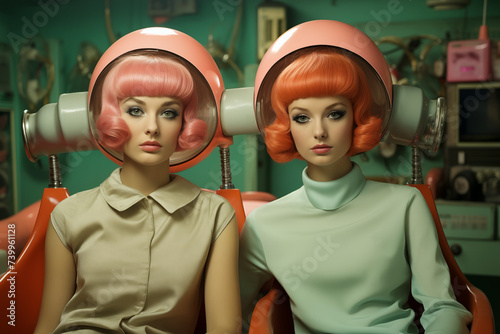 Two women, with heads in a strange, retro-futuristic two-hood appliance,  sit in chairs. Retro-futurism aesthetics	