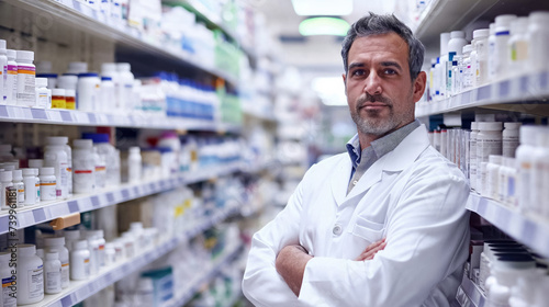 Pharmacist with confident stance in pharmacy.
