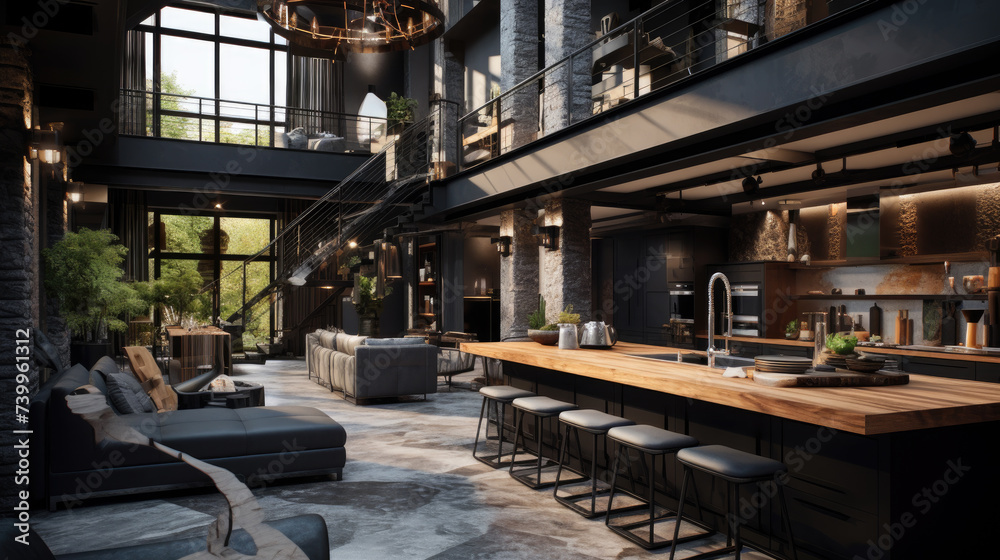  Living room loft in industrial style 3d rendering. AI generated.