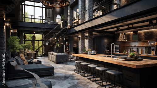  Living room loft in industrial style 3d rendering. AI generated. © AL