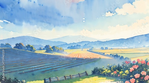 水彩画背景_日本の田舎の景色_05