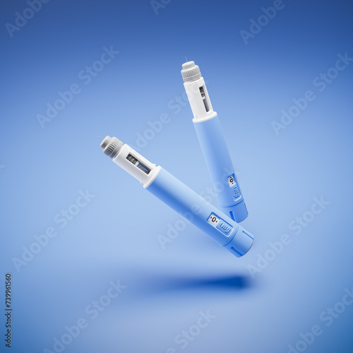Two injectors / dosing pens  for subcutaneous injection of antidiabetic medication or anti-obesity medication hovering over a blue background.