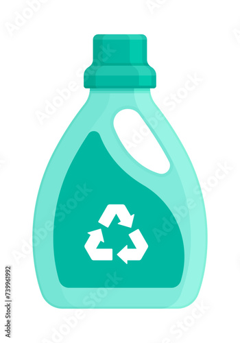 
A teal laundry detergent bottle with a recycling symbol in flat vector illustration style, representing Plastic #2 (HDPE, or High-Density Polyethylene) and the concept of plastic recycling