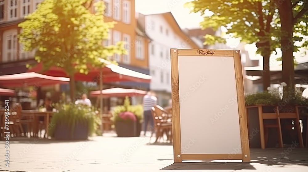 Empty sandwich board for a menu. Treat yourself to a scrumptious sandwich from our menu. It's a taste sensation you won't forget! - obrazy, fototapety, plakaty 