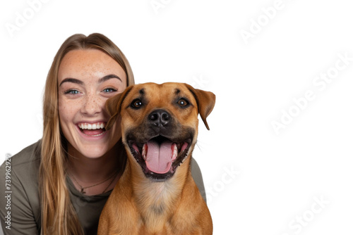 Portrait of beautiful Veterinarian women hugging cute dog with smile and hppiness isolated on background  lovely moment of pet and owner.