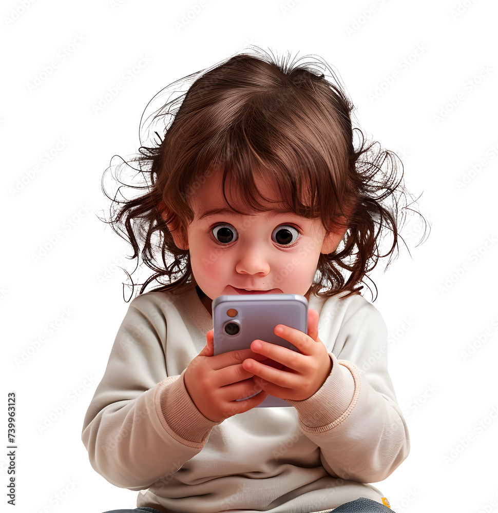 Shocking Little Girl looking on screen of smart phone, isolated on a white background, modern gadgets concept, realistic design illustration, generative ai Shocking Little Girl looking on screen of smart phone, isolated on a white background, modern gadgets concept, realistic design illustration, generative ai