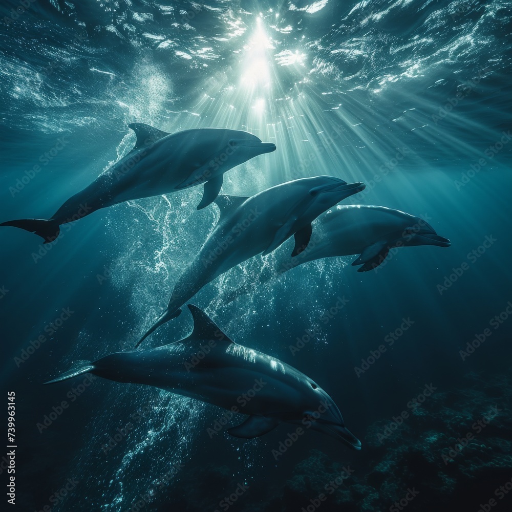 Naklejka premium An underwater photograph of a playful pod of dolphins swimming gracefully, capturing the dynamic and joyful nature of marine life