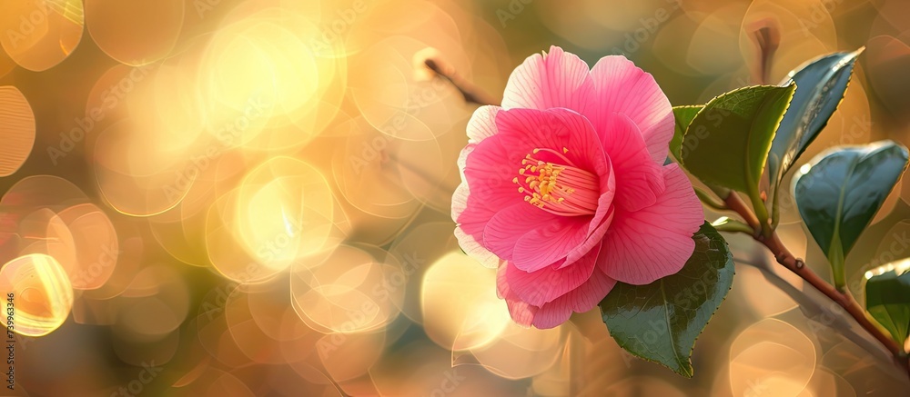Obraz premium A Camellia sasanqua flower, featuring pink petals and a vibrant yellow center, illuminated by the morning light, rests on a branch.