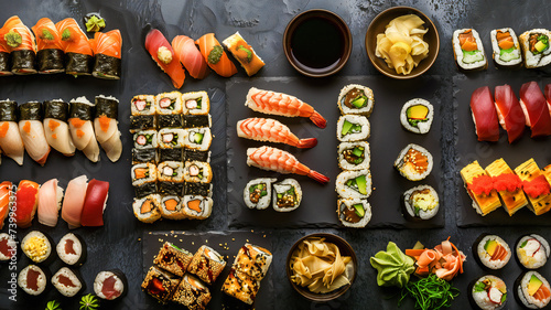 A diverse assortment of sushi and rolls artfully presented against a dark background, Restaurant Menu, Asian food delivery