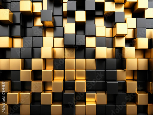Abstract background with gold and black random cubes. Design element