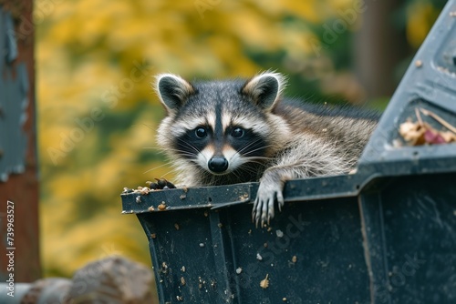 Cute raccoon sits in trash can and looks at camera