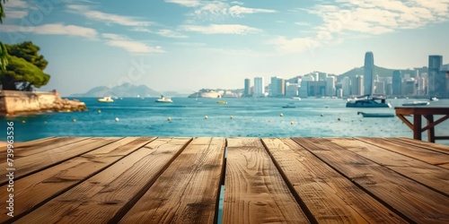 Empty wooden table with blurred dock background perfect for displaying travel and seaside products summer with scenic ocean view embodying beauty and tranquility of tropical beach landscape