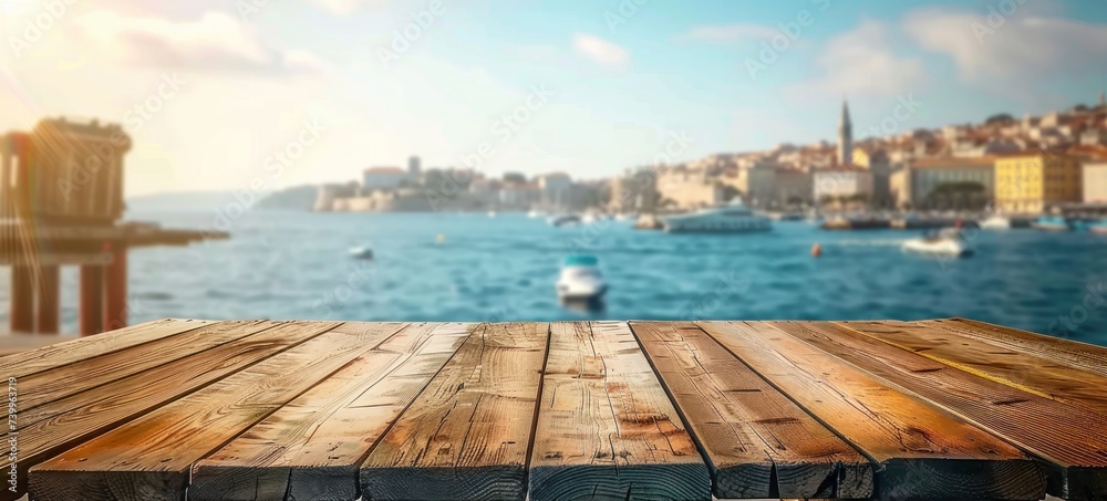 Empty wooden table with blurred dock background perfect for displaying travel and seaside products summer with scenic ocean view embodying beauty and tranquility of tropical beach landscape