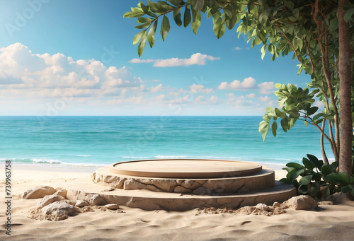 beach stand with palm trees and ocean view for summer products presenting mockup