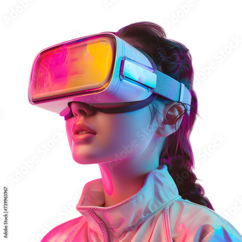 Young Woman wearing Augmented Reality glasses in Neon lights, isolated on a white background, augmented reality technology concept, realistic illustration, generative ai photo