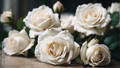 Cream roses with silky petals and blooming flowers embody timeless beauty and elegance. With their ivory hue and delicate buds, they radiate a feeling of purity and sophistication. White roses lie