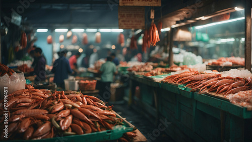 Explore vibrant Asian seafood market, haven seafood enthusiasts. Amidst bustle, sellers present variety fresh catches while shoppers immerse themselves in sights, sounds of this bustling marketplace