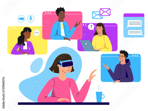 Woman in virtual reality headset having online video call, meeting with her colleagues. Flat vector illustration of people using VR technology	