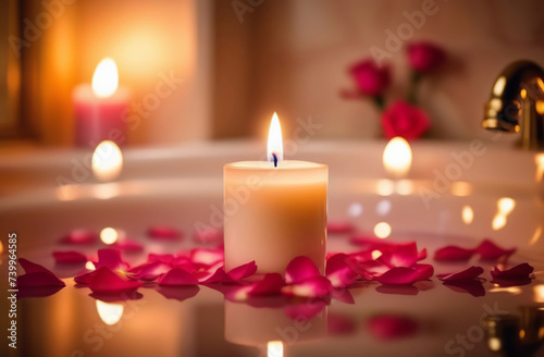 Rose petals and candles in the bathtub. Valentines day concept. Scented burning candlelight. Beauty water therapy spa wellness. Romantic bath health care relaxation. Luxury bathroom idea for couple.