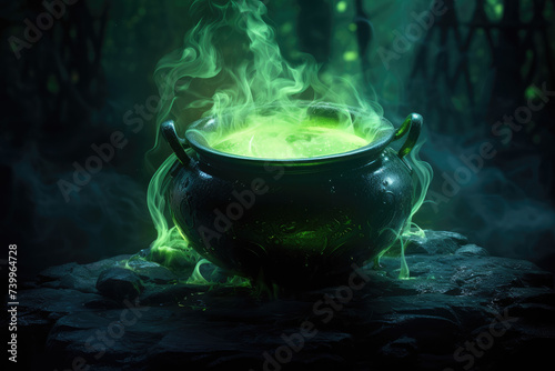 Bubbling iron witch cauldron with green smoke