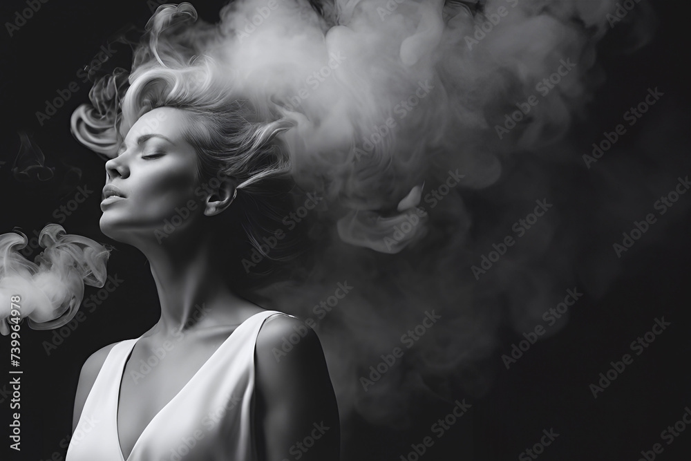 With her eyes closed and her hair blending with the mist, a stunning model girl with an exquisite hairstyle and makeup exudes happiness.