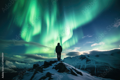 Aurora borealis and silhouette of alone standing man on the mountain peak. Sky with stars and green polar lights. Night landscape with northern lights