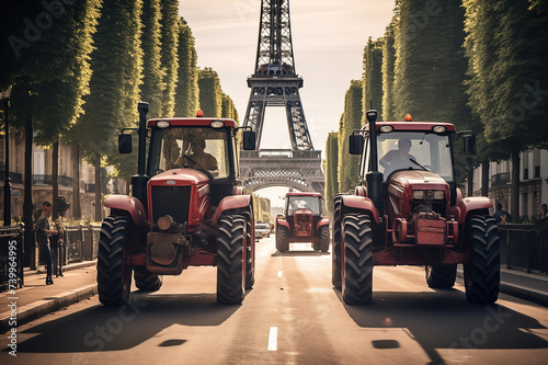 Agricultural tractors on the streets of Paris, farmers protests photo