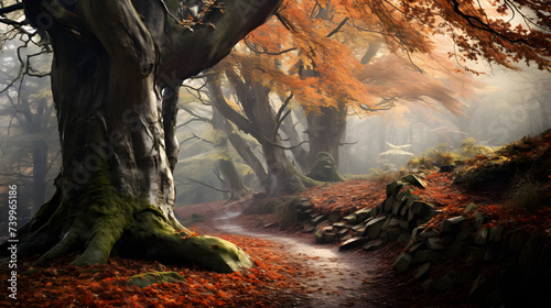 An enchanting forest landscape in autumn with a winding path covered in fallen leaves ancient trees with gnarled branches Painting,, A path through a forest with a tree on the left side. 