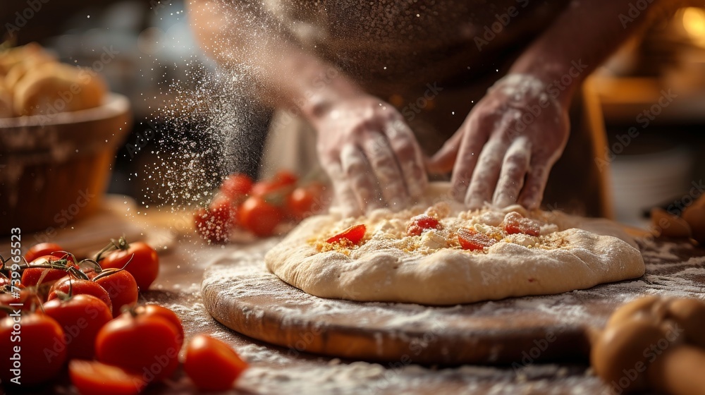 Artisanal Pizza Creation: Capturing the hands of a chef skillfully stretching pizza dough with flour in the air, conveying the artistry of pizza-making.