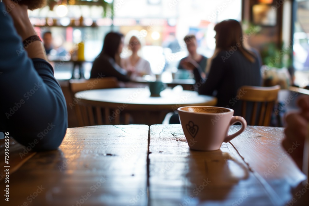 table in focus, patrons chatting in soft focus cafe setting table in focus, patrons chatting in soft focus cafe setting