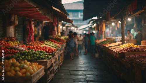 Vibrant Asian farmer's market boasts exotic spices, fresh produce. Amidst Chinese bazaar, sellers offer farm goods as buyers navigate through bustling rows. Traditional Chinese bazaar, Chinese market