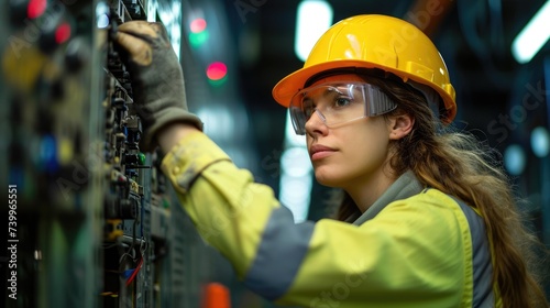 Female commercial electrician at work on a fuse box in factory, adorned in safety gear photo