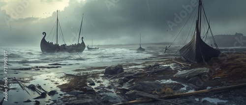 The silent aftermath of a Viking incursion, with the remnants of Norse longships dotting the coastline