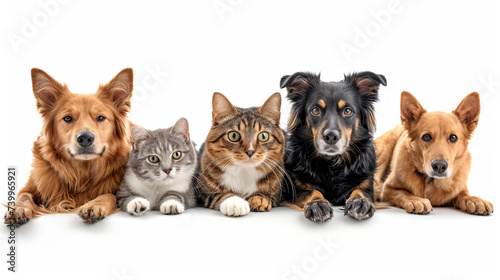 banner of cats and dogs looking in camera on the white background in studio, Advertising for a veterinary clinic or animal shelter 