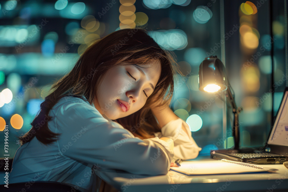 Asian business woman sitting at desk sleepy working overtime late night. Asian business woman sitting at desk sleepy working overtime late night.