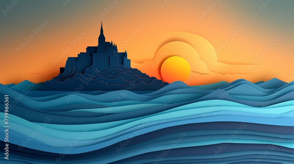 Mont Saint Michel captured in an elegant paper cut design highlighting its iconic silhouette against the French landscape - obrazy, fototapety, plakaty 