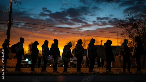 Silhouetted People Queuing showing civic engagement and anticipation for the voting process at Dusk Against Vibrant Sunset Sky,