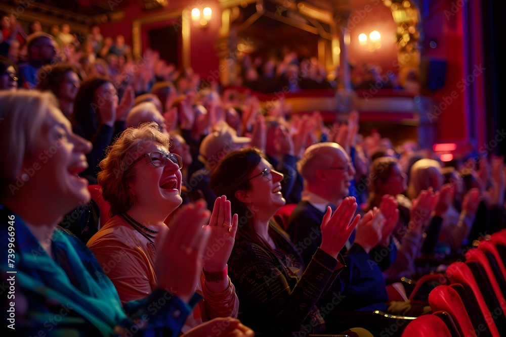 A cheering theater audience applauds and enjoys the show together clapping hands. Concept Performance, Theatre, Applause, Audience, Entertainment