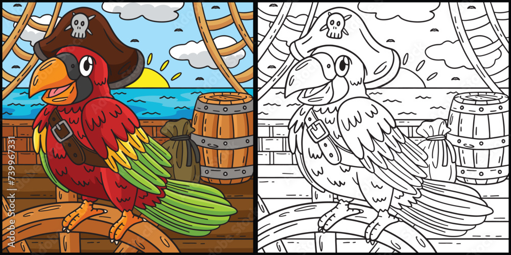 Pirate Parrot Coloring Page Colored Illustration