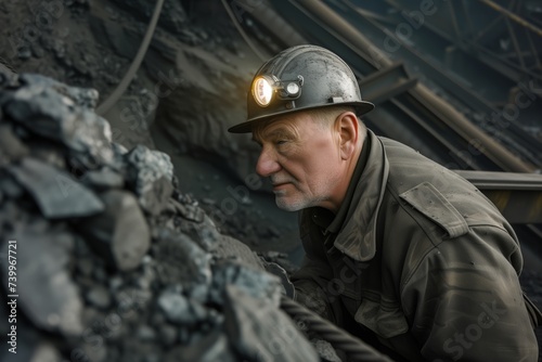 miner with headlamp inspecting a coal seam