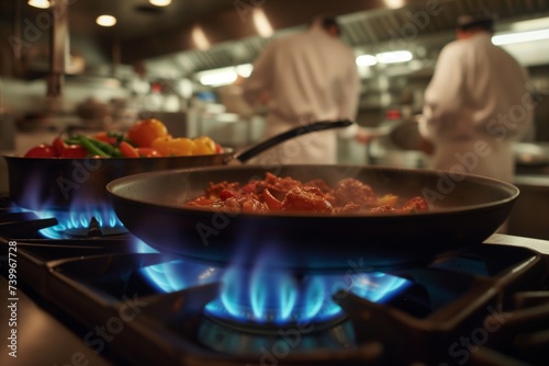 blue flames of a gas range under a saut pan in a busy kitchen