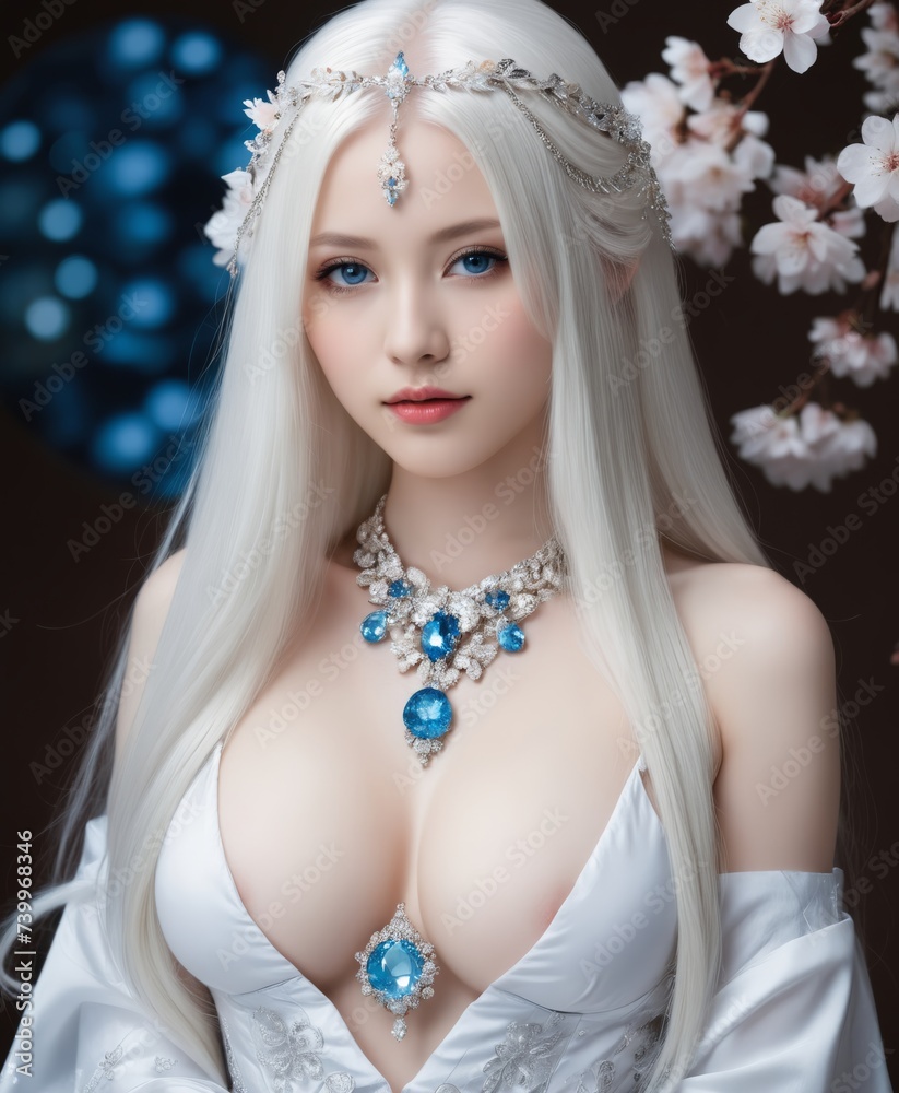 a woman with long white hair wearing a blue necklace and a white dress 