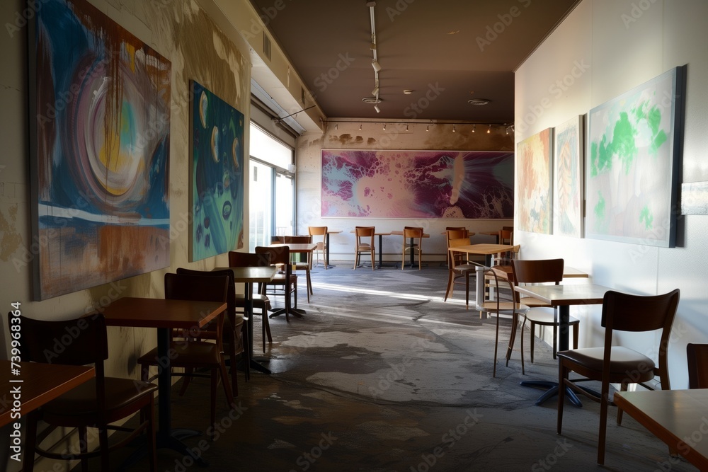 empty caf with art on walls and no customers in sight
