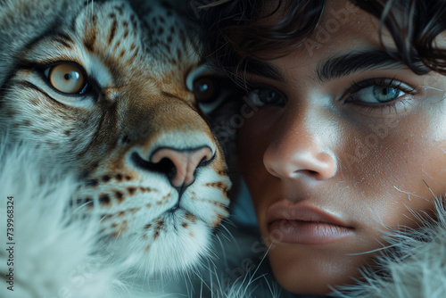 Intimate encounter between human and lynx gaze Generative AI image photo