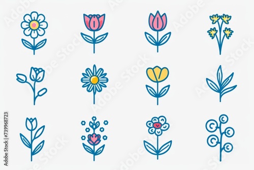  illustration of flowers line icons, including roses, tulips, daisies, sunflowers, lotuses, chamomile, dandelion, chrysanthemum, and lilies. Editable strokes.