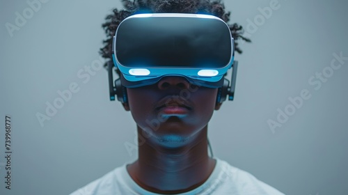 An image of a young man wearing a virtual reality headset on a gray background is isolated on a studio portrait. This image indicates the future, gadgets, technology, education online, studying, and © Zaleman
