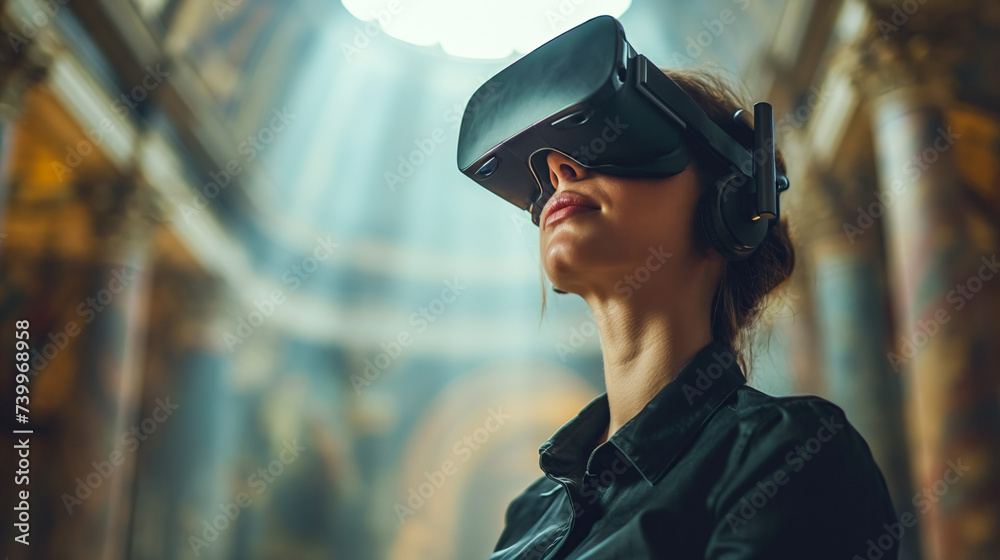 Woman experiencing virtual reality in a modern setting Generative AI image